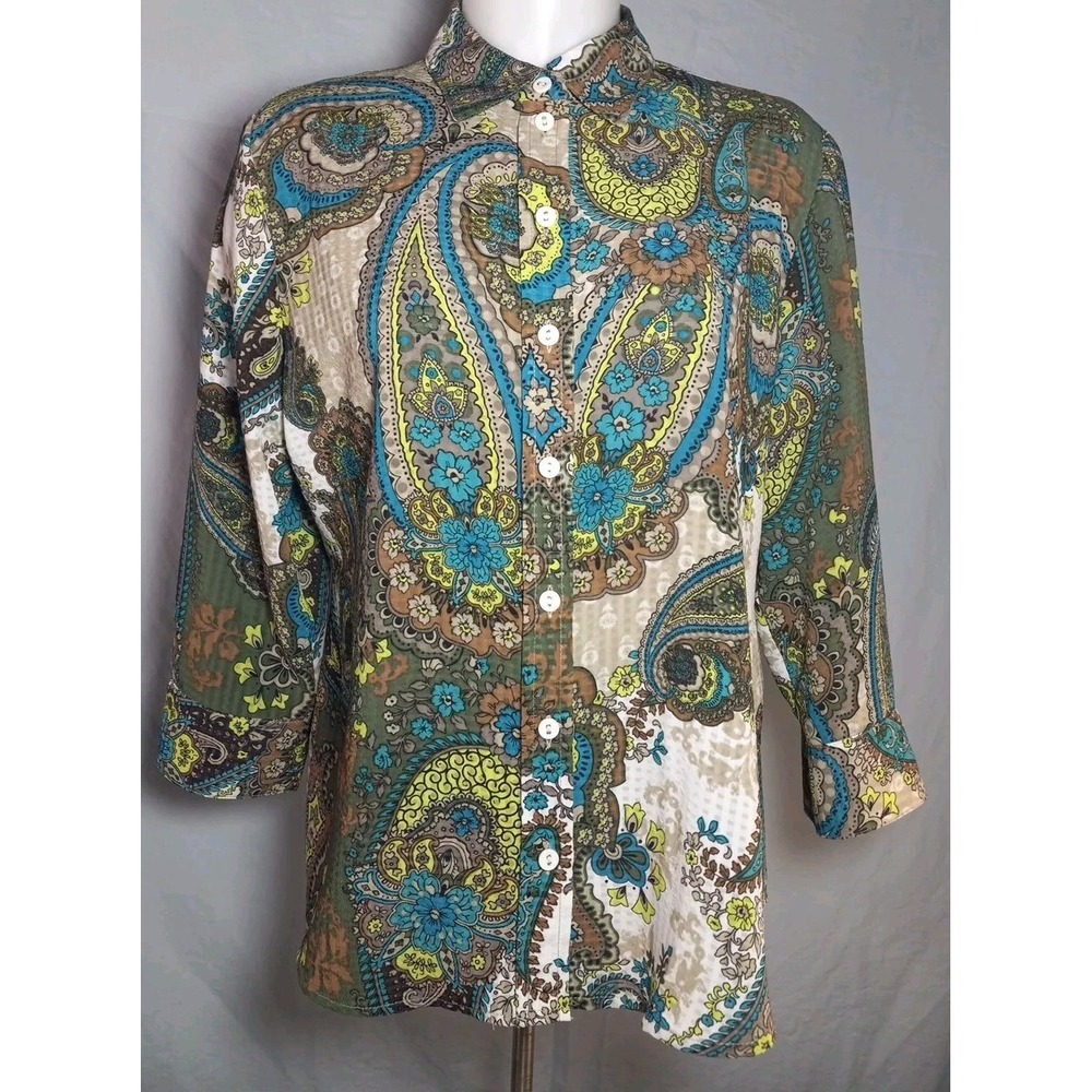 Alia Womens Petite Blue Green Floral Paisley Print Button Front Shirt Size 6P